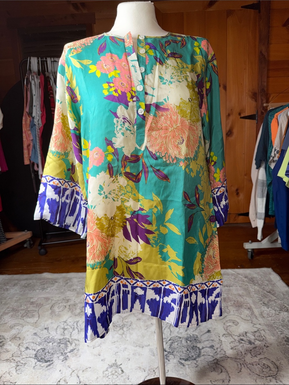 CAbi Teal Floral Split-Neck Tunic with Coral and Purple Accents 100 Silk
